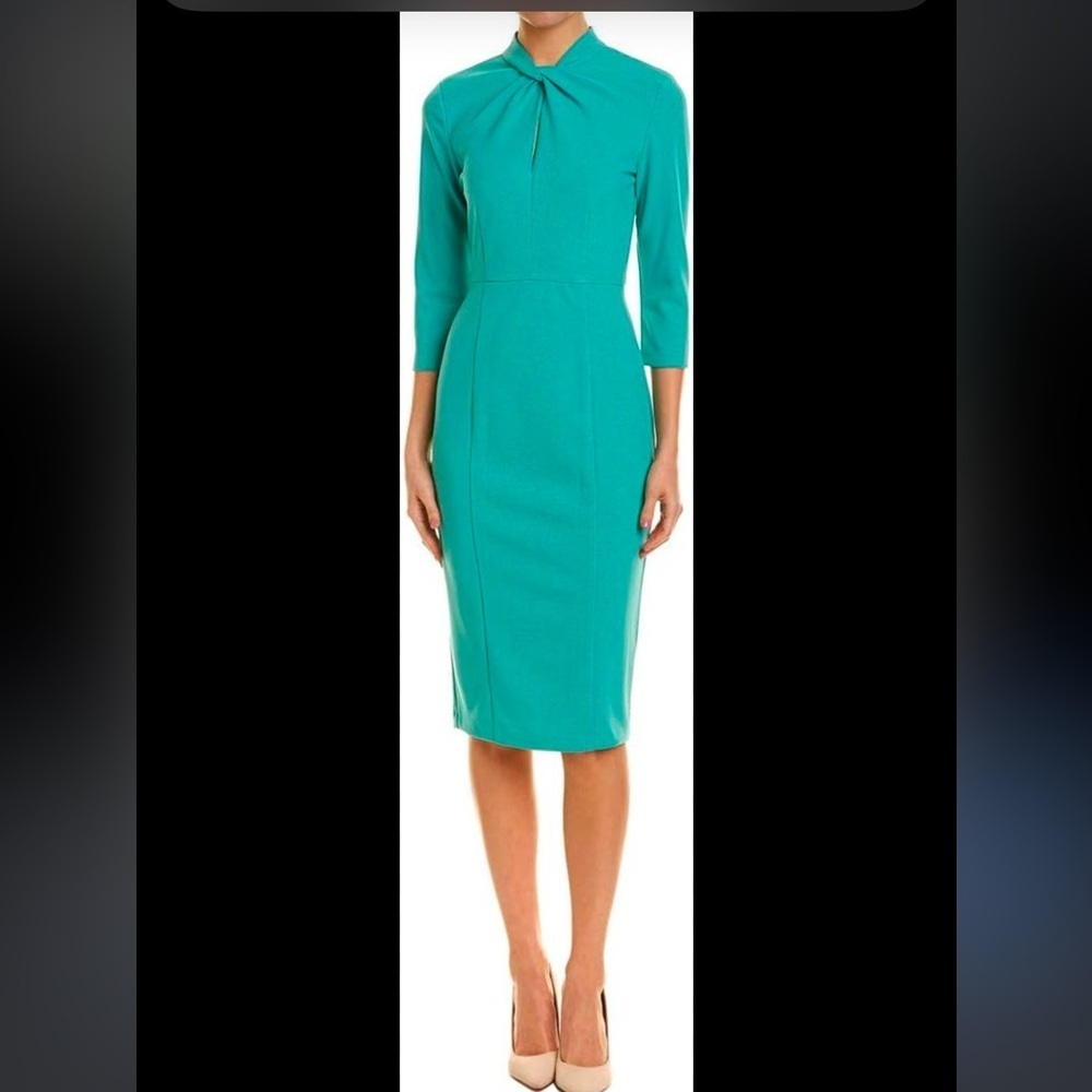 Donna Morgan Stretch crepe twisted neckline 3/4 sleeves turquoise dress Sz 0